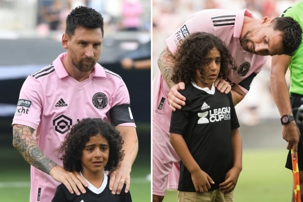 Messi y el hijo de DJ Khaled en la salida al campo del DRV PNK Stadium