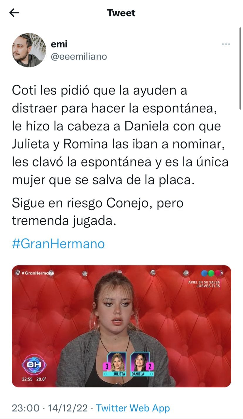 En redes debatieron la nominación espontánea de Coti en Gran Hermano.