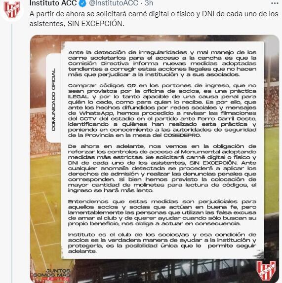 El comunicado de Instituto, y la advertencia de que endurece los controles.