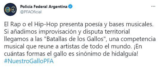 El mensaje de la Policía Federal en Twitter sobre el rap. (PFA)