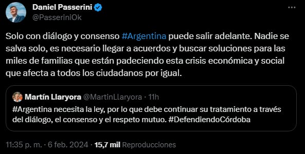 Los mensajes de Martín Llaryora y Daniel Passerini sobre la caída de la ley ómnibus.