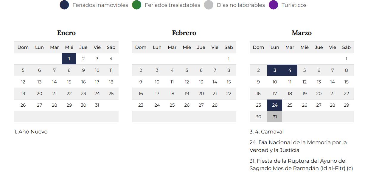 El calendario oficial para enero, febrero y marzo
