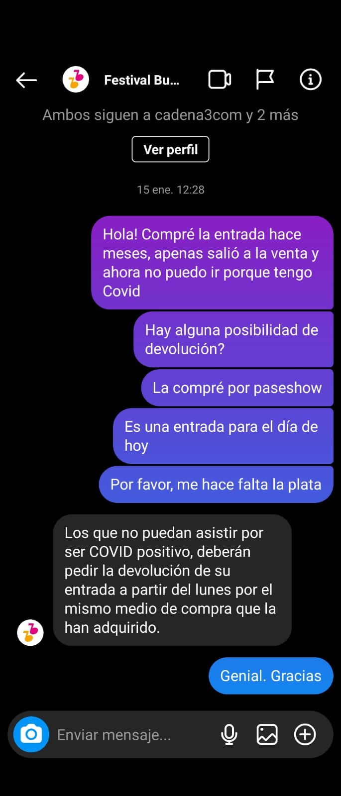 En enero, desde la organización les había asegurado que iban a recibir la devolución de las entradas.