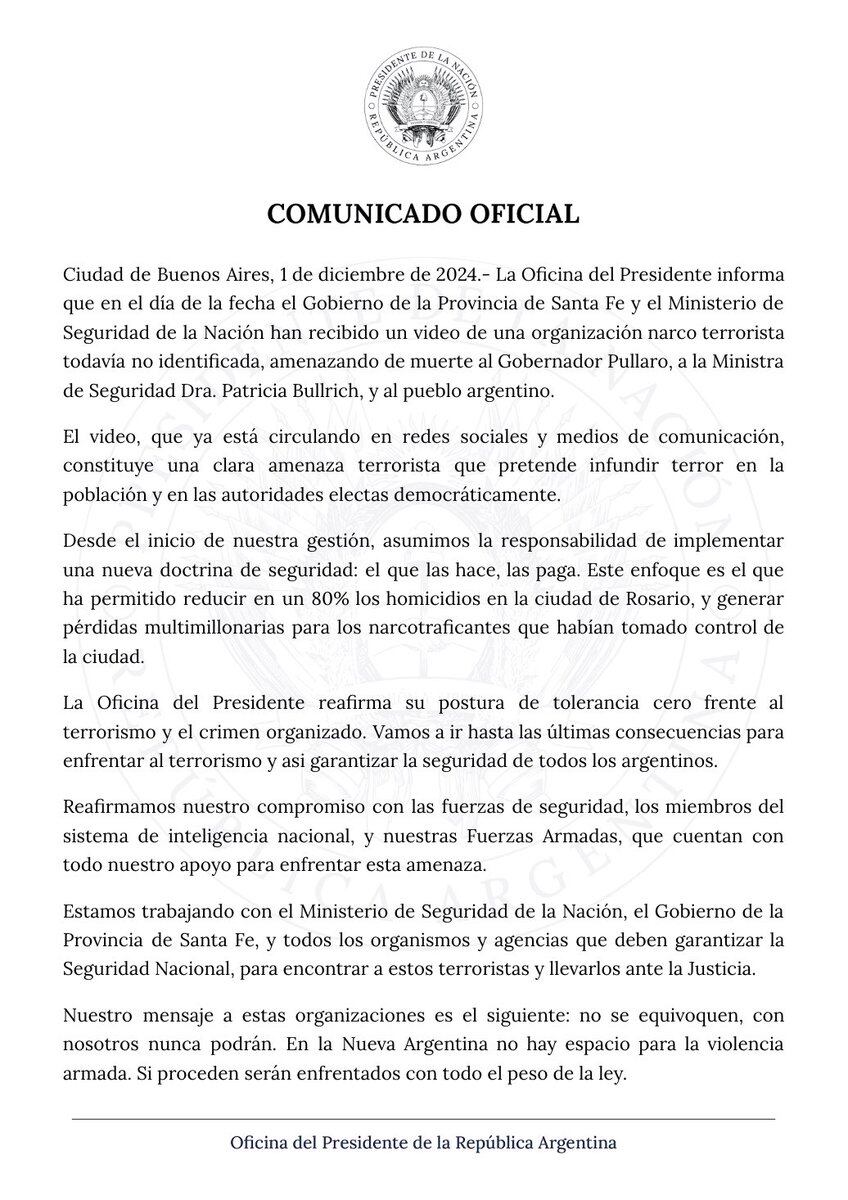 La Casa Rosada abordó el tema mediante un comunicado difundido a la noche.