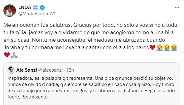 Las palabras de María Becerra para su expareja, Alexis Sanzi