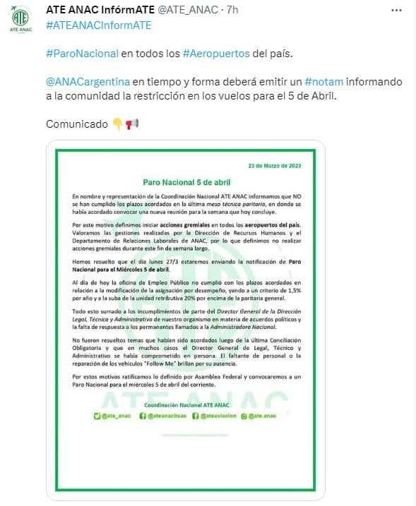 Anuncian un paro nacional en los aeropuertos argentinos en Semana Santa.