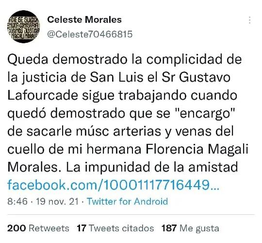 Posteo de Celeste Morales, hermana de Magalí