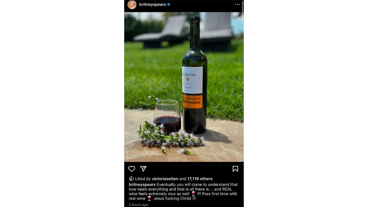 La publicación de Birtney Spears con el vino argentino.