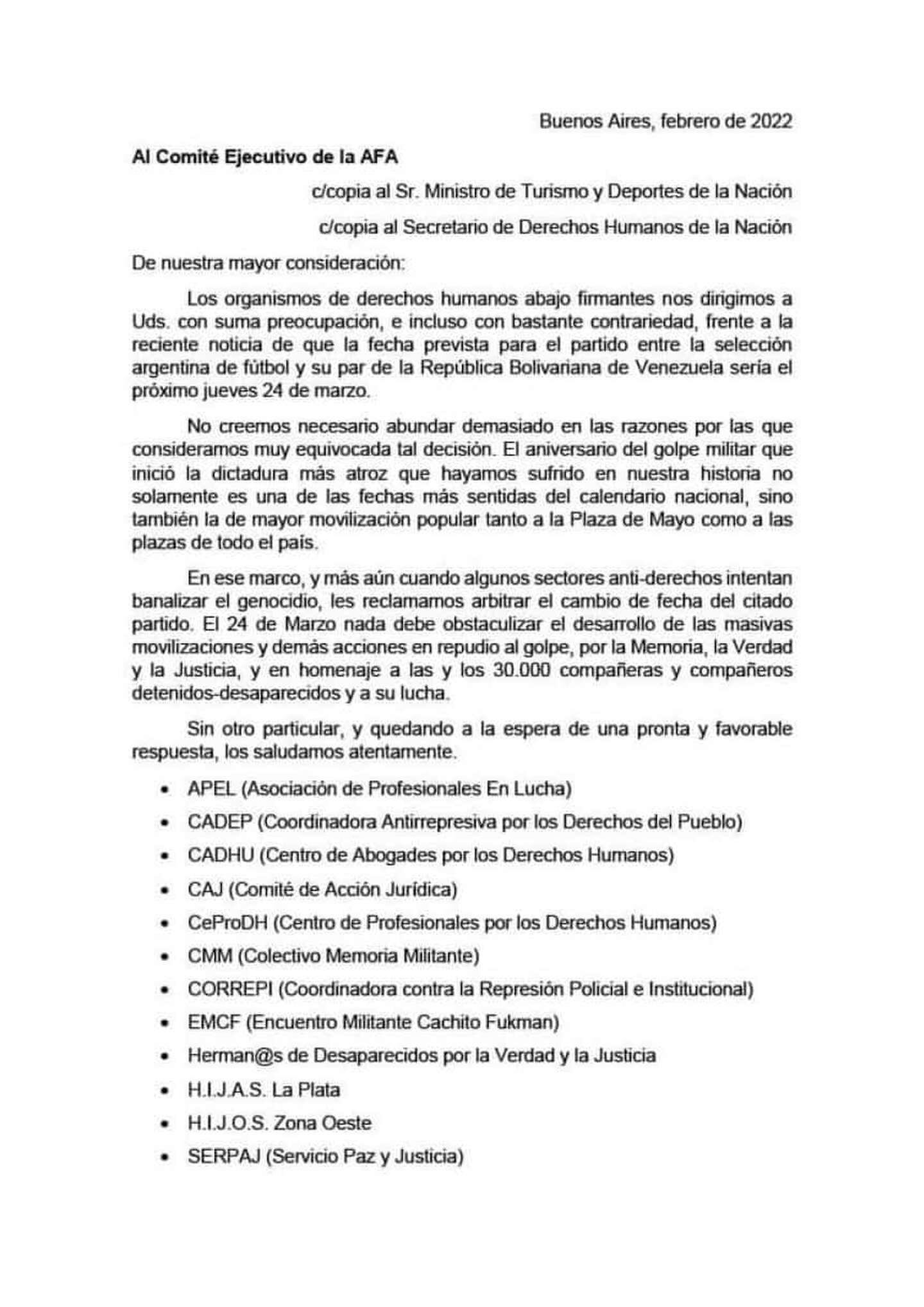 La carta que le enviaron los organismos de derechos humanos a la AFA para pedir postergar el partido