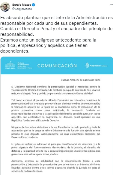 El tuit de Sergio Massa cuando se conoció el pedido de condena contra Cristina Kirchner.