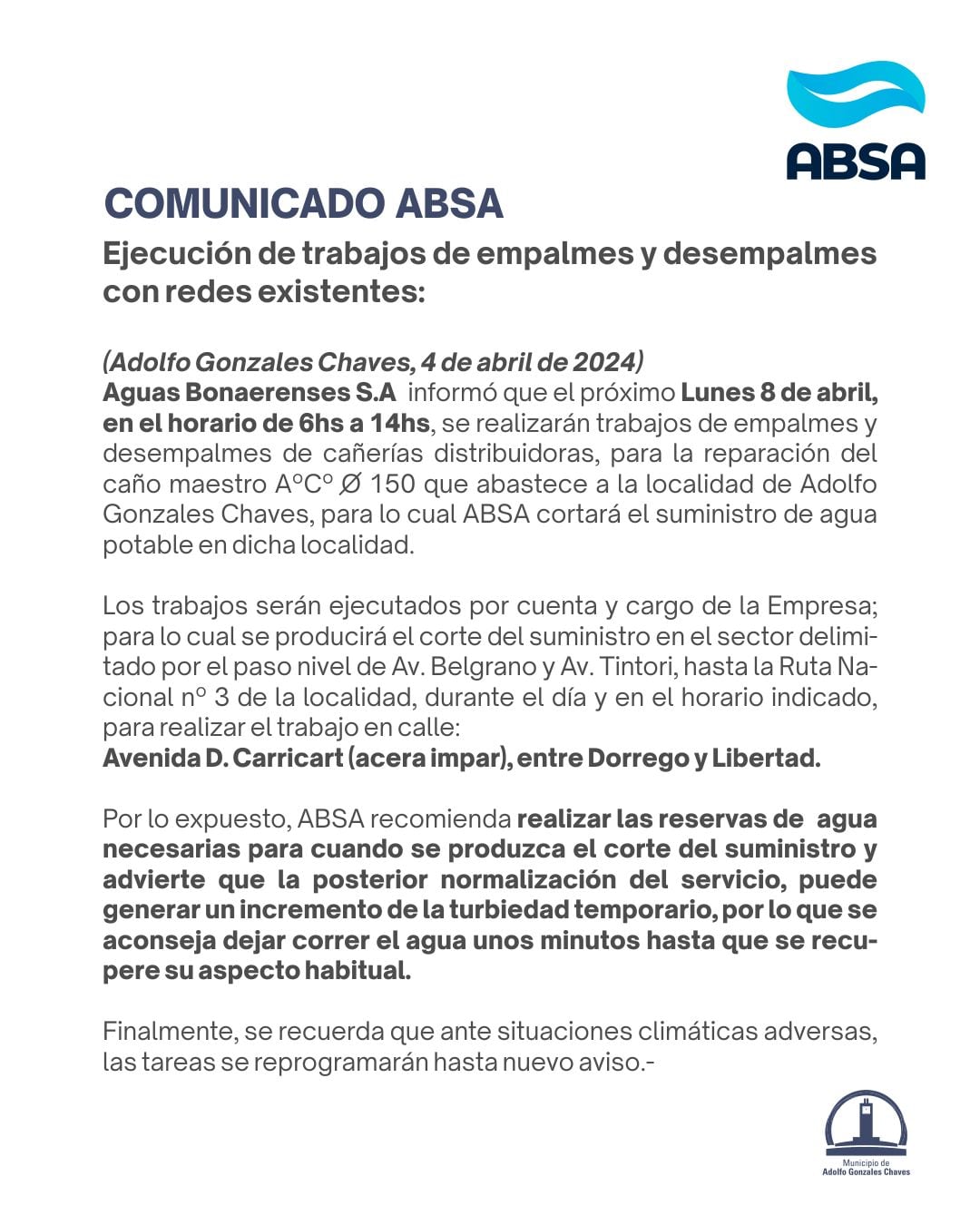 por trabajos de ABSA se cortará el suministro de agua el próximo lunes