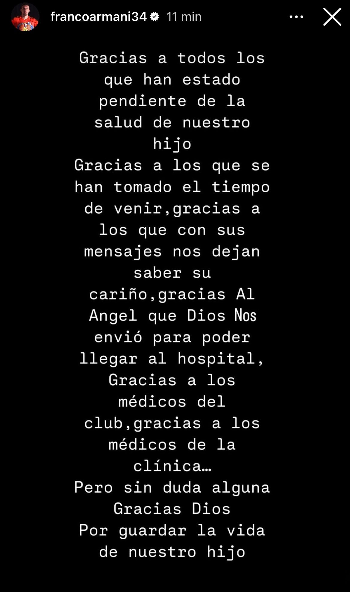 Publicó un mensaje agradeciéndole a Dios por la salud de su hijo.