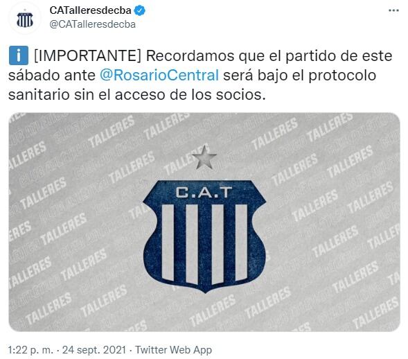 Talleres recibe este sábado a Rosario Central, y el próximo de local será con público.