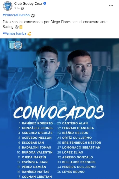 Convocados de Godoy Cruz por el técnico Diego Flores.