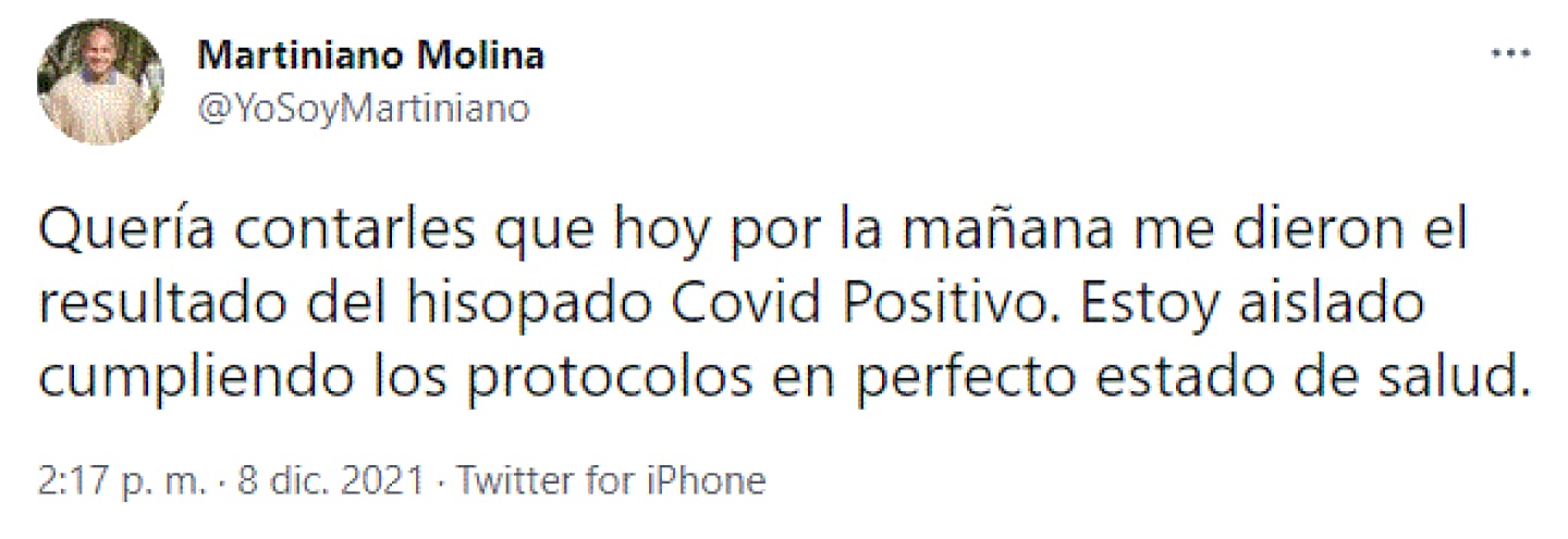 Martiniano Molina comunicó que tiene coronavirus