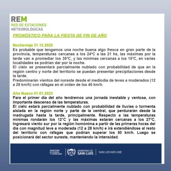 Pronóstico para fin de año en San Luis.