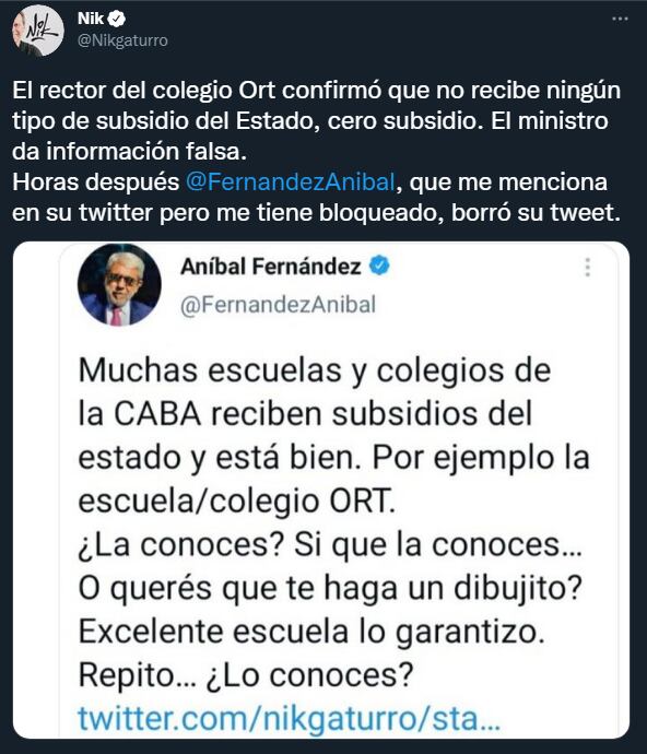 Nik denunció una “amenaza velada” de Aníbal Fernández: “Tengo miedo”