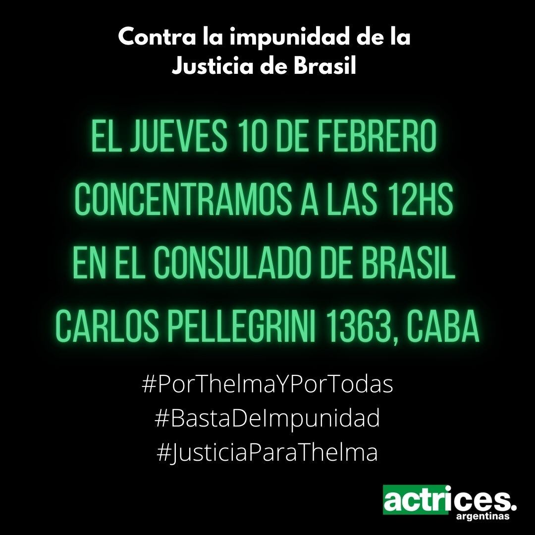 El anuncio de Actrices Argentinas en las redes sociales, convocando para la manifestación de este jueves frente al consulado de Brasil.