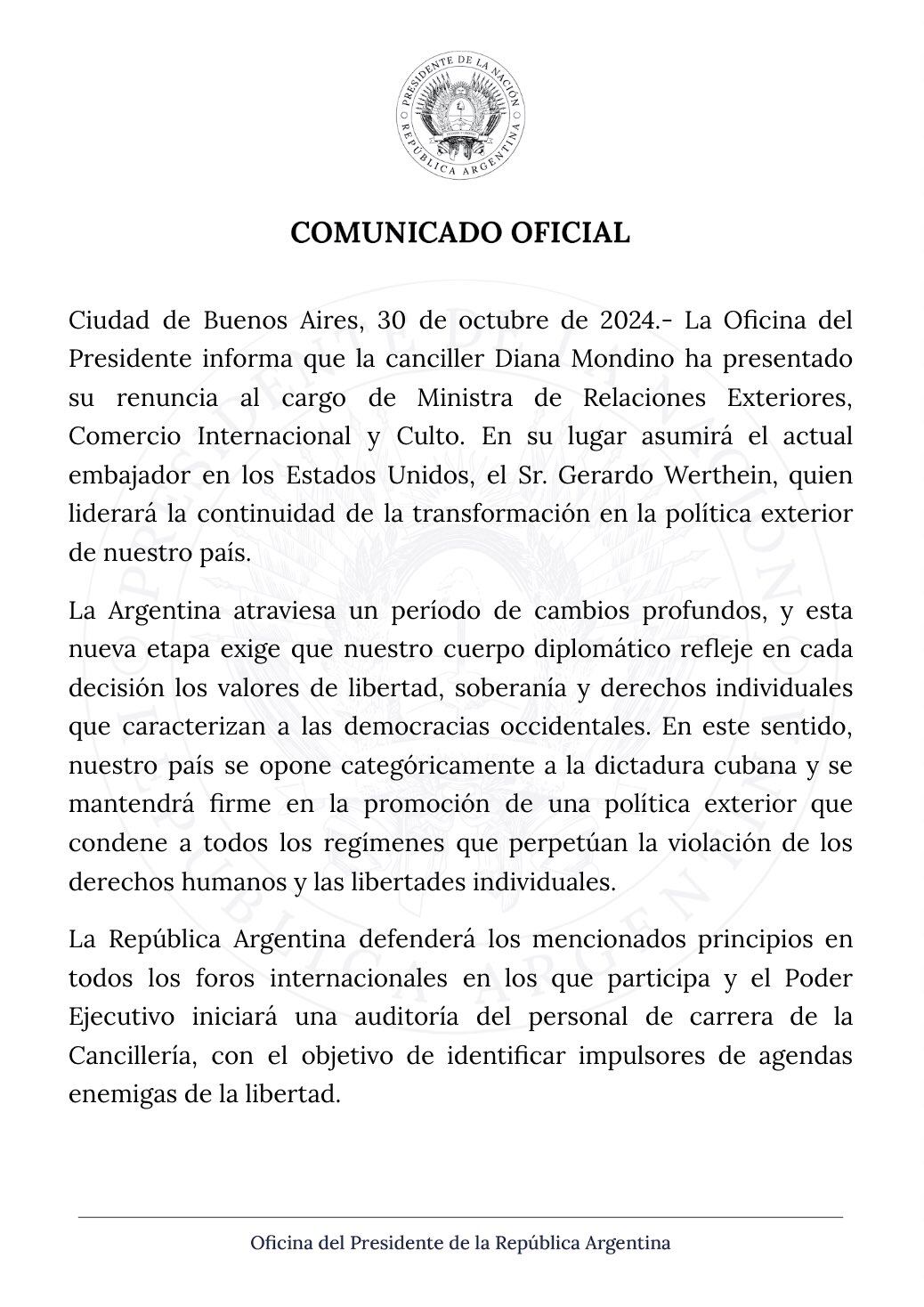 El comunicado de la Oficina de la Presidencia.