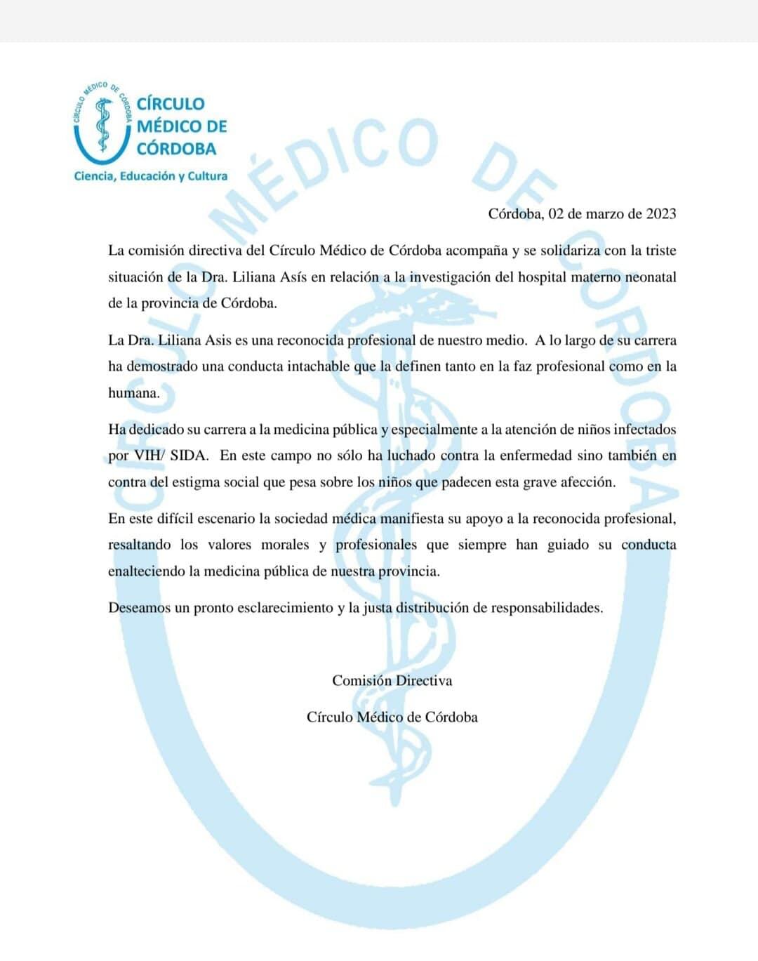 La entidad apoyó a la exdirectora del Materno Neonatal a través de un comunicado.