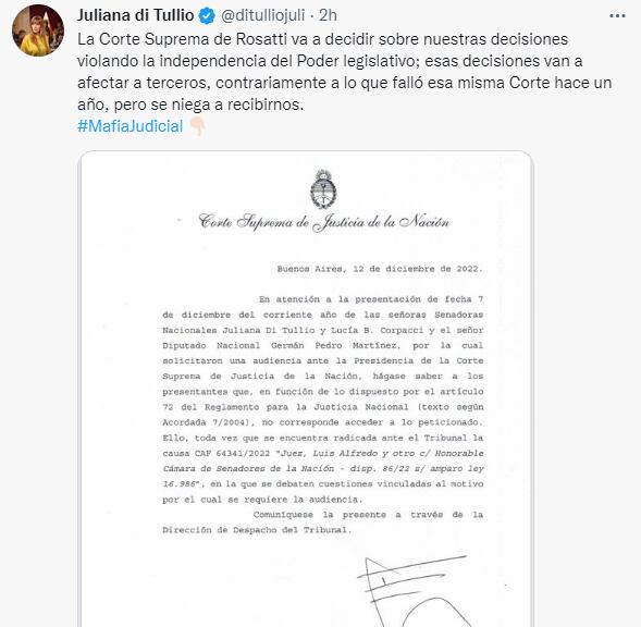 La Corte Suprema se negó a recibir a legisladores oficialistas y recrudece el conflicto.