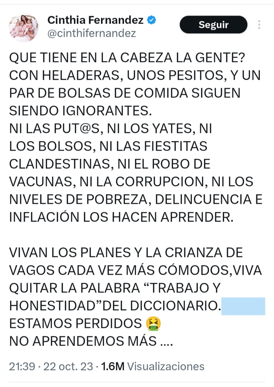 Tras los resultados de las elecciones presidenciales, Cinthia Fernández hizo un descargo en sus redes