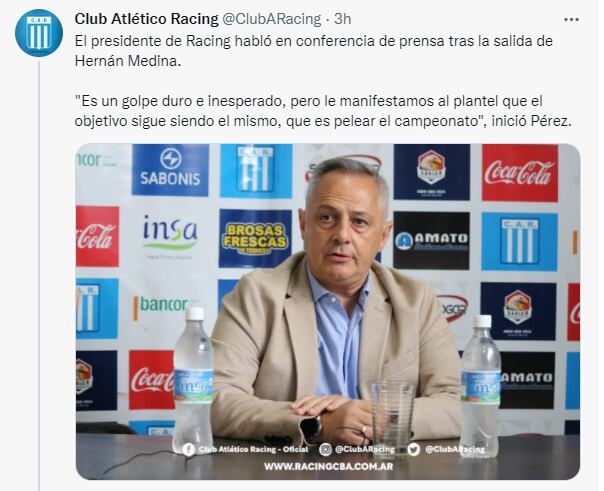 Manuel Pérez, presidente de Racing, confirmó a Carlos Bossio como DT.