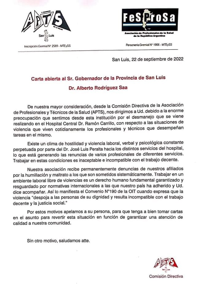 Carta Abierta de APTS a Alberto Rodríguez Saá.