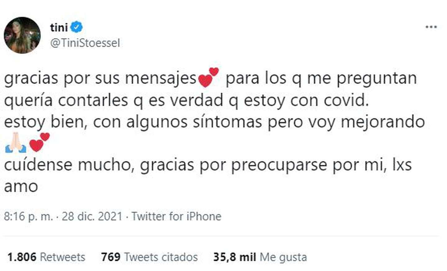 El mensaje que publicó Tini Stoessel sobre su estado de salud.