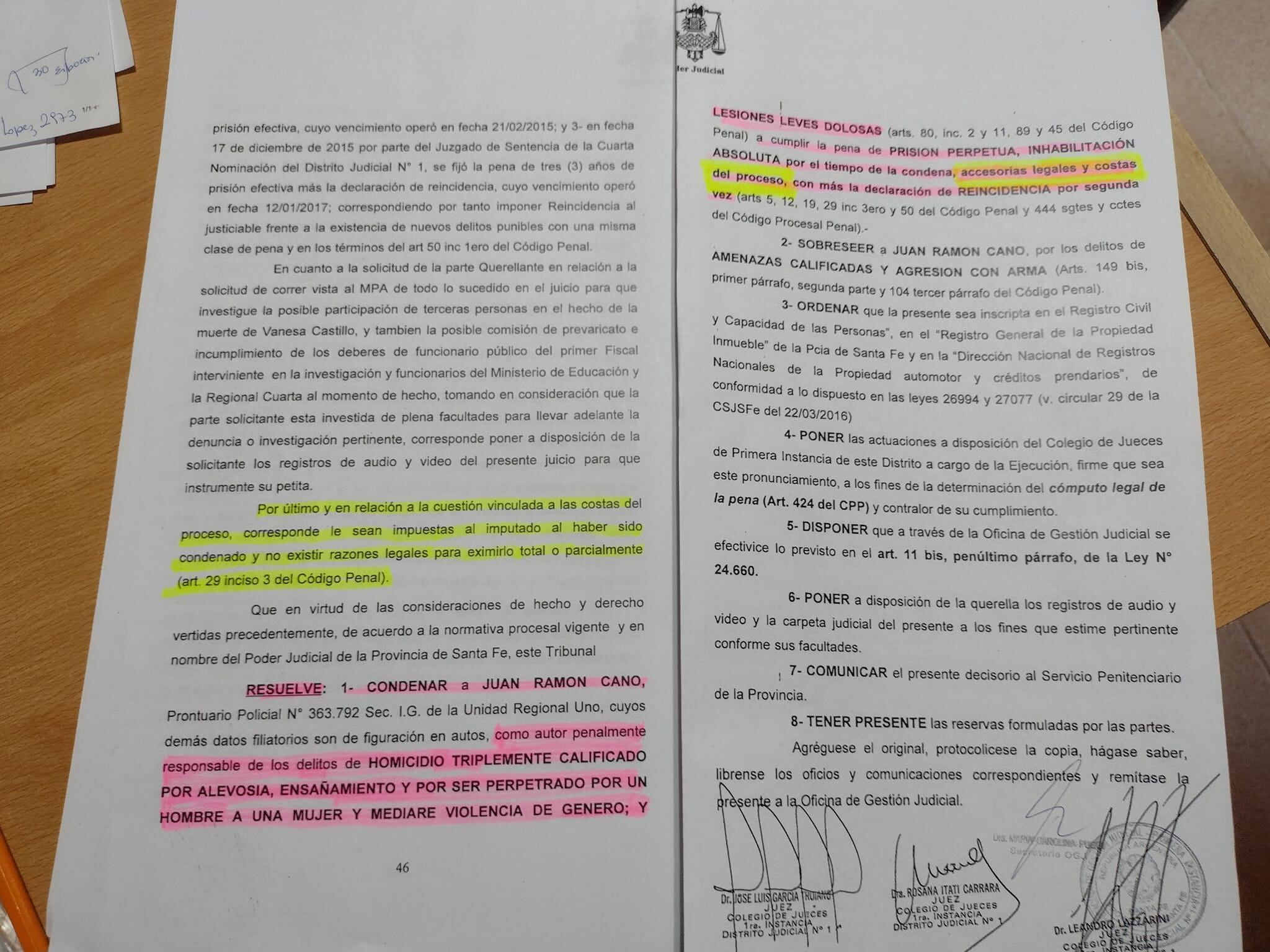 Cano fue condenado a cadena perpetua por el asesinato de Vanesa Castillo en Alto Verde.