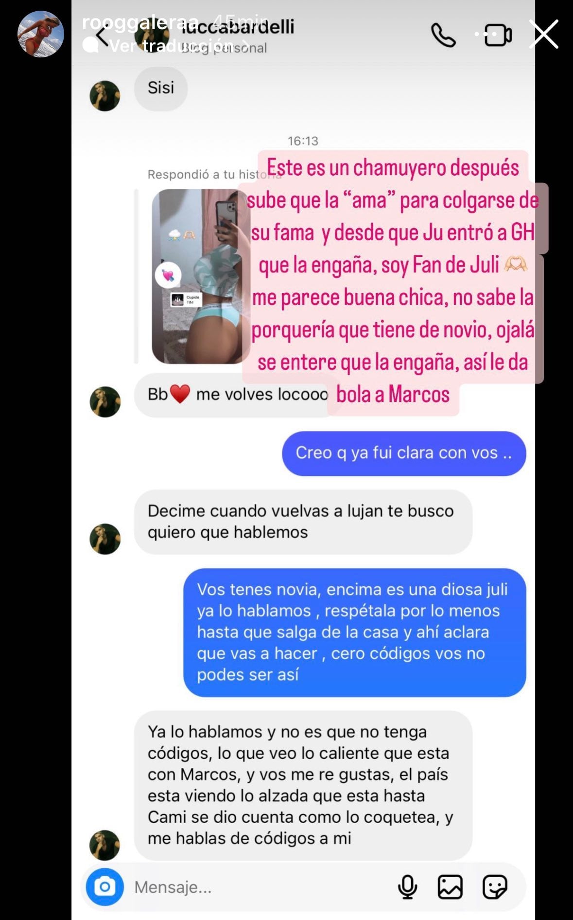 Los mensajes del novio de Julieta de Gran Hermano que confirmarían una infidelidad.