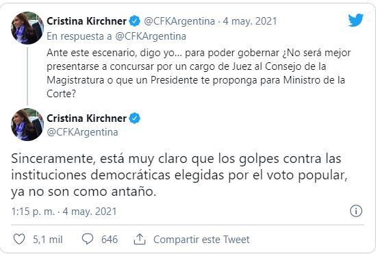 La vicepresidenta Cristina Kirchner criticó el aval de la Corte Suprema a las clases presenciales en CABA.