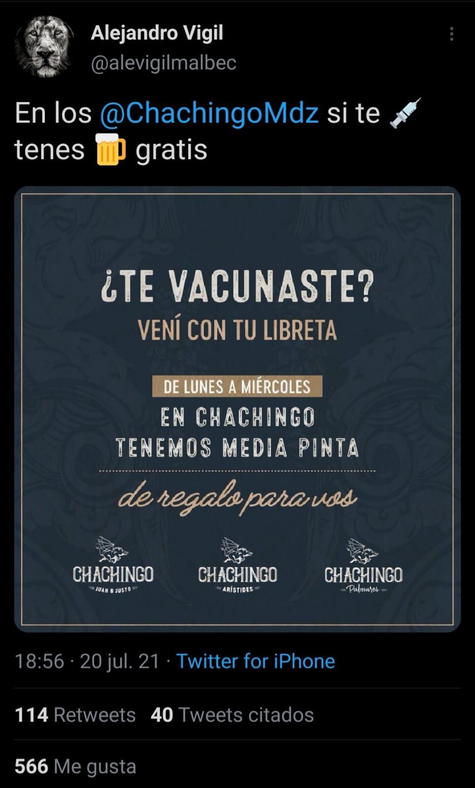 Un bar mendocino ofrece "media pinta" gratis a quienes presenten su carnet de vacunación.