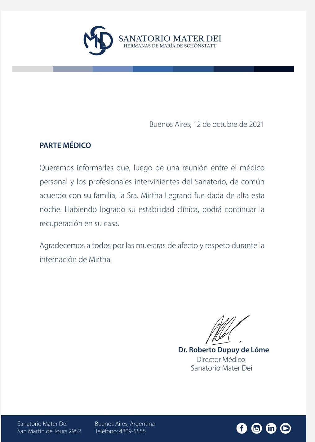 El comunicado del sanatorio con el que informan que Mirtha Legrand fue dada de alta.