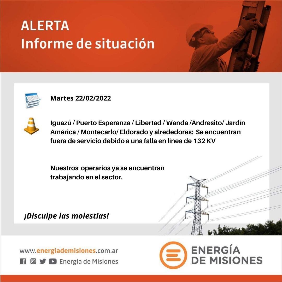 Se registró una falla en la línea 132 kv que dejó sin energía a varias localidades de Misiones.