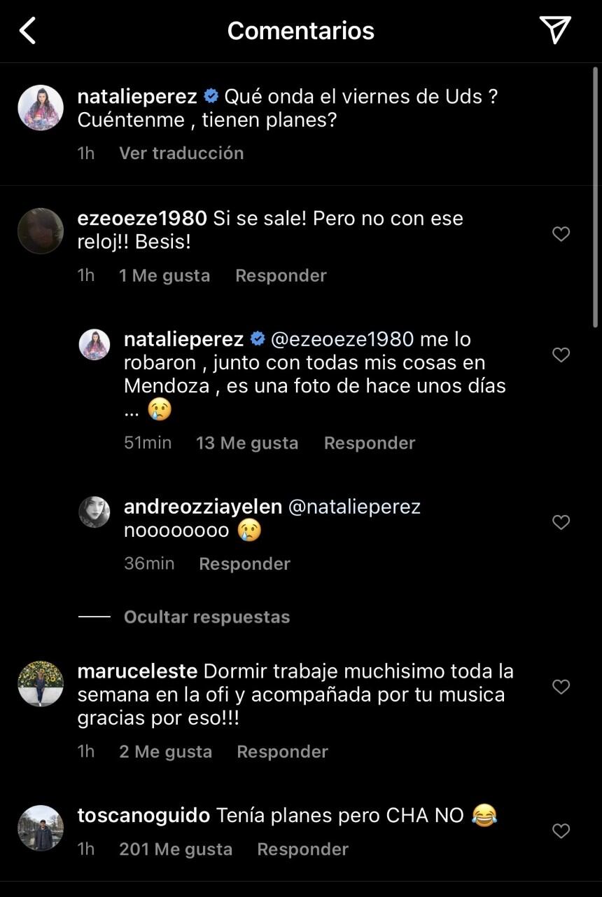 Natalie Pérez contó en su Instagram de un robo que sufrió cuando vino a Mendoza. Foto: instagram @natalieperez