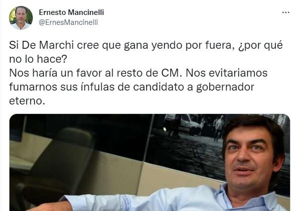 El senador provincial Ernesto Mancinelli disparó munición gruesa contra De Marchi.