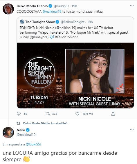 El ida y vuelta entre Duki y Nicki Nicole. (Twitter)