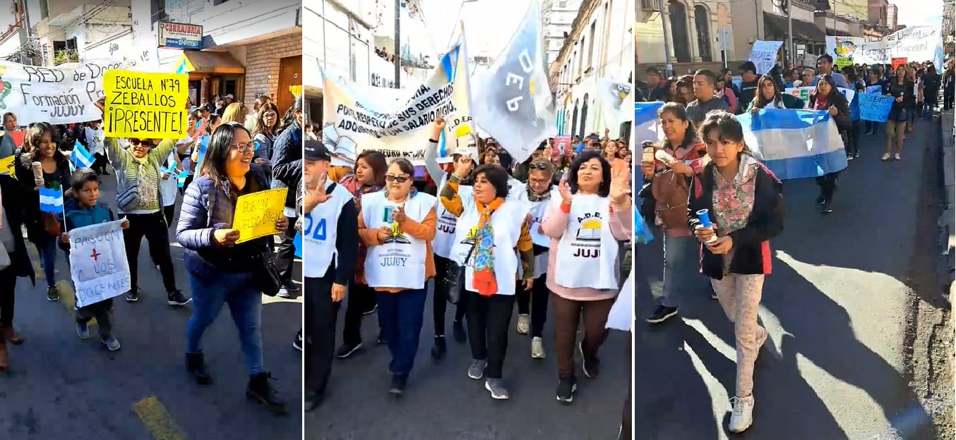 Llevando carteles identificando a las delegaciones de las escuelas y otros con los reclamos de la jornada, docentes recorrieron las calles céntricas haciendo escuchar sus demandas dirigidas al Gobierno provincial.