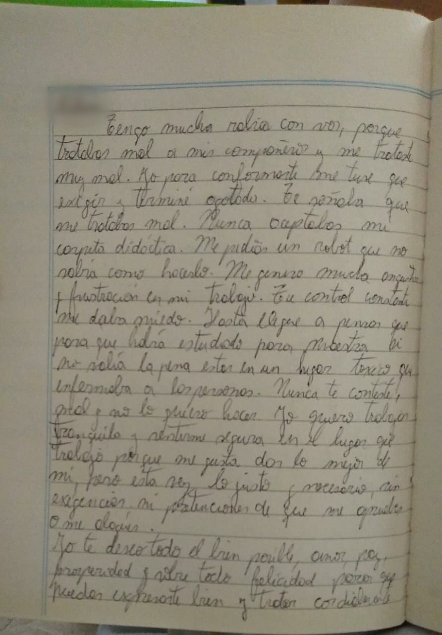 Silvana escribió una carta su presunta agresora relatando lo que padecía.