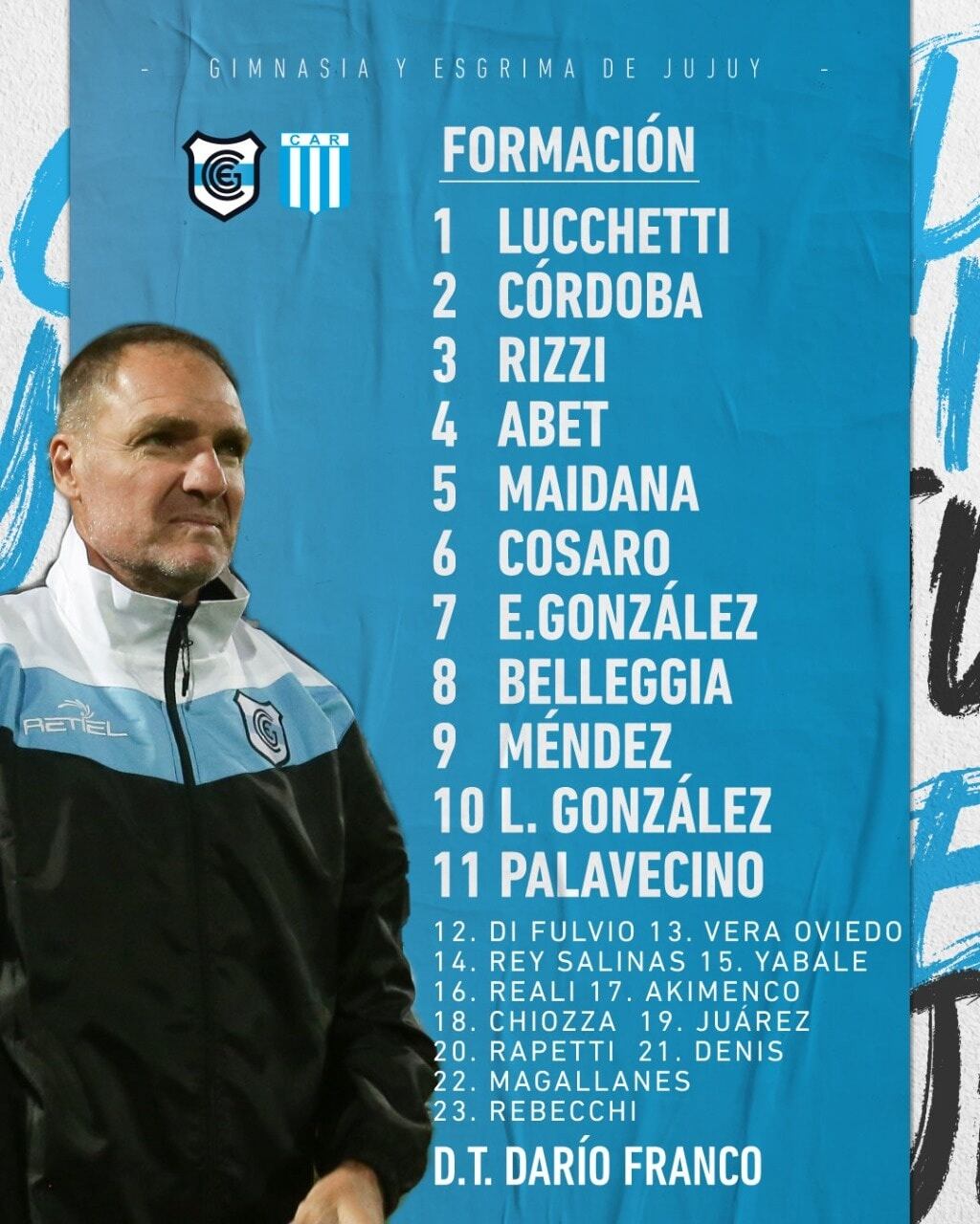 La formación inicial que propuso el técnico Darío Franco para el encuentro en que su equipo Gimnasia de Jujuy derrotó a Racing de Córdoba.