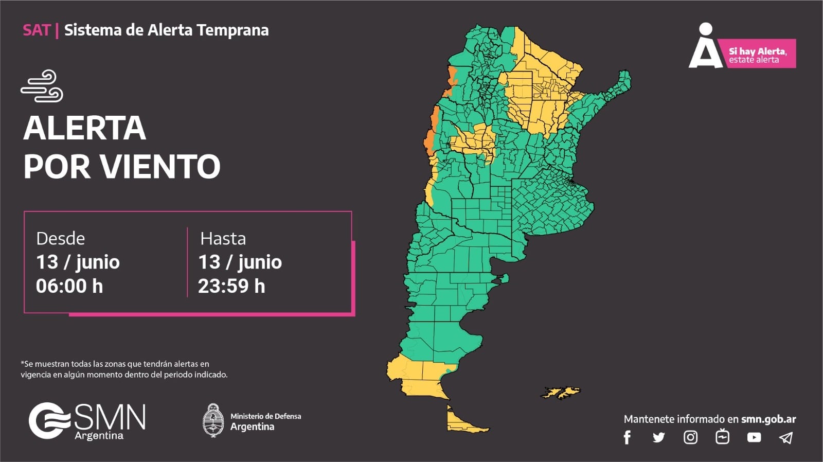 Alerta por viento para este jueves 13 de junio en Córdoba.