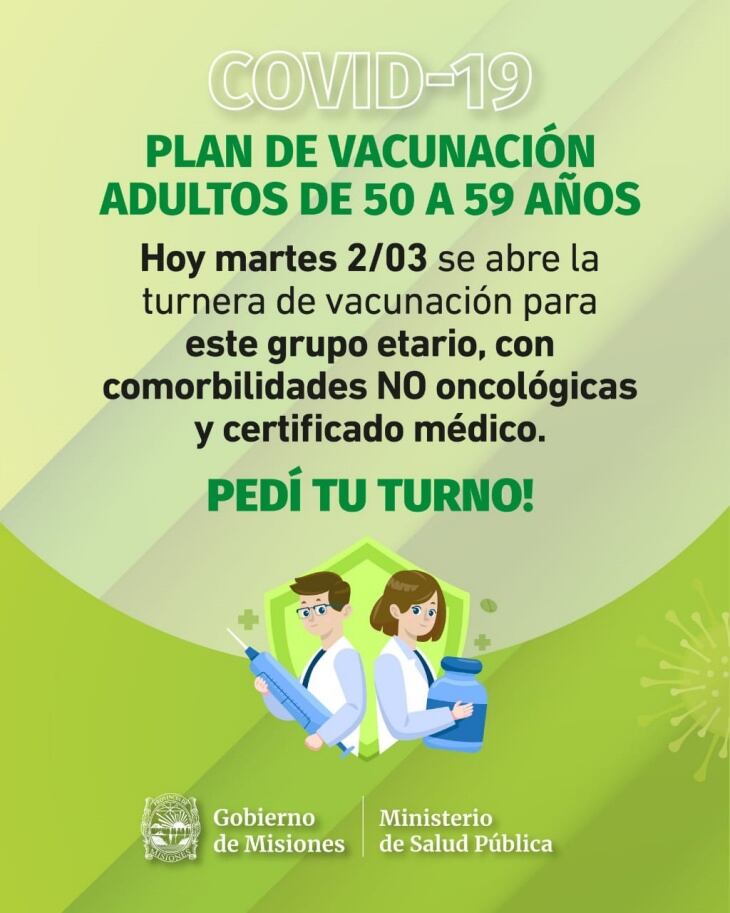 Misiones: ya pueden solicitar turno para la vacunación contra el Coronavirus mayores de 50 a 59 años