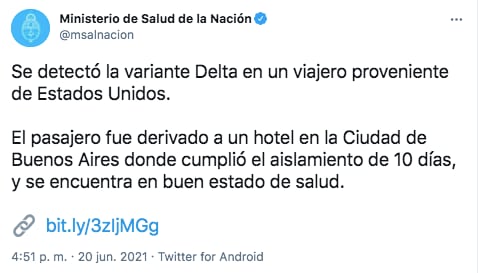 El Ministerio de Salud de la Nación confirmó que detectaron la variante Delta en un pasajero.