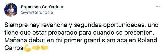 Francisco Cerúndolo jugará su primer Roland Garros como Lucky Loser.