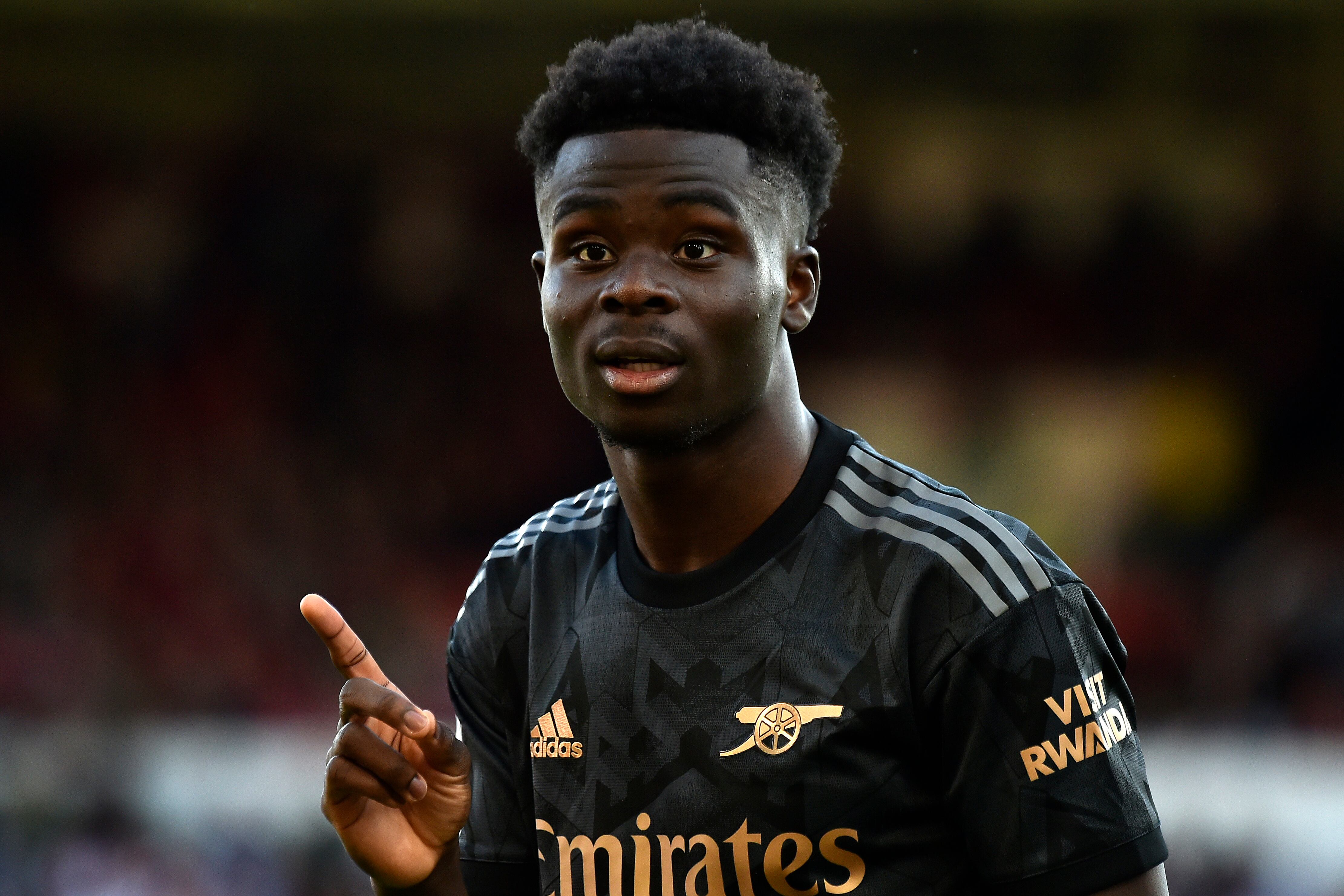 El delantero de Arsenal Bukayo Saka durante el partido contra Nottingham Forest en la Liga Premier, el sábado 20 de mayo de 2023. (AP Foto/Rui Vieira)