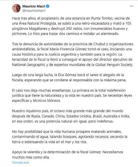 Macri sobre el juicio conocido como la Masacre de Punta Tombo