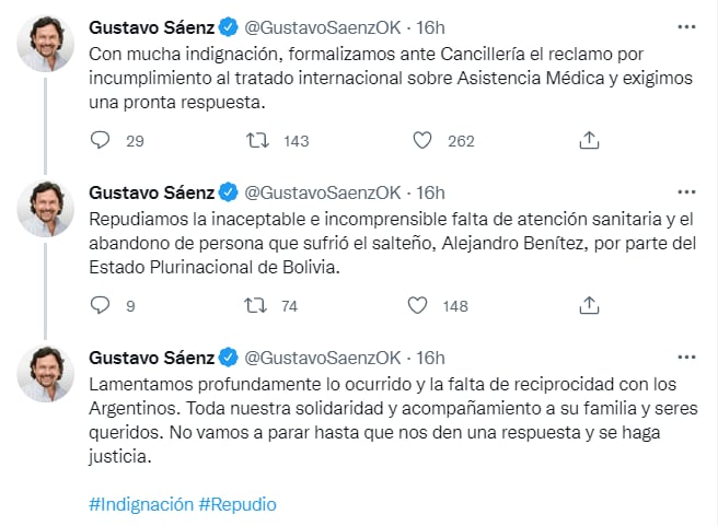 Gustavo Sáenz pidió que Cancillería intervenga en el caso de Alejandro Benítez.