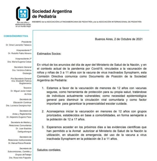 El comunicado de la Sociedad Argentina de Pediatría