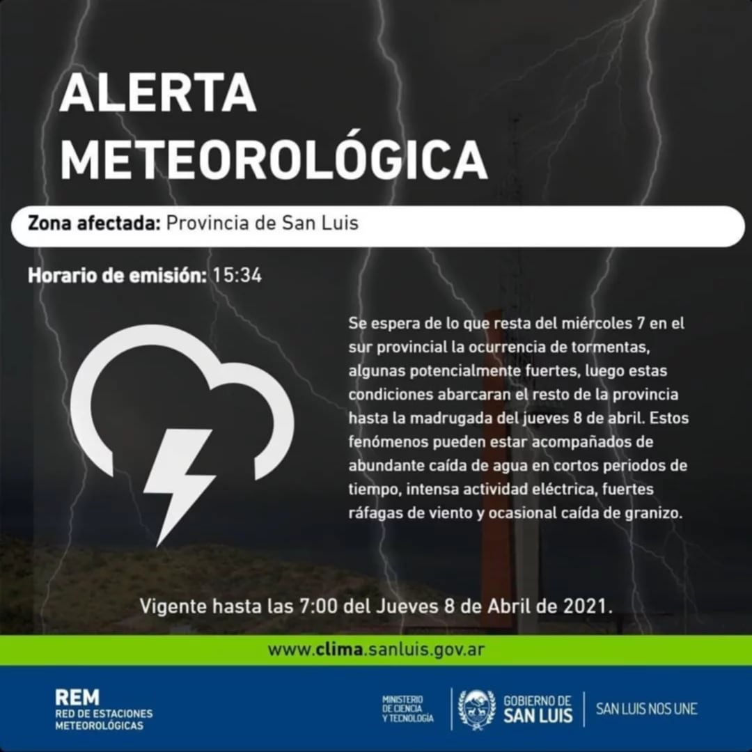 Se emitió una alerta meteorológica en San Luis.